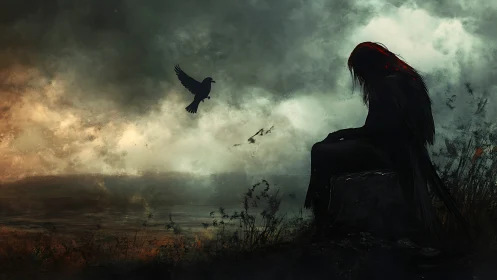 Stormlit figure rests with a patient crow on a brooding shore