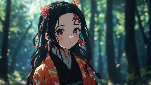 Anime girl with red eyes stands in softly lit forest