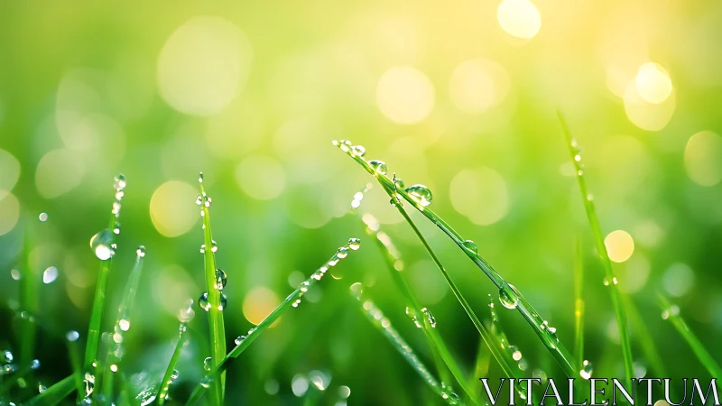 Close-up of wet grass blades with dew in soft green light.