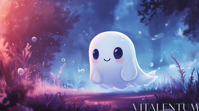 Gentle glowing ghost drifts through a dreamy forest night.