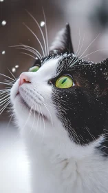 Black and White Cat with Green Eyes Gazing Upward.
