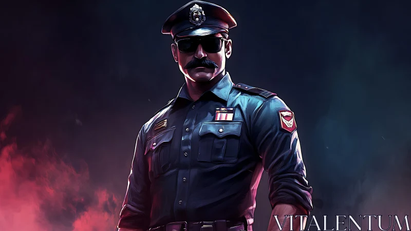 Commanding police officer in stylized neon rim lighting portrait.