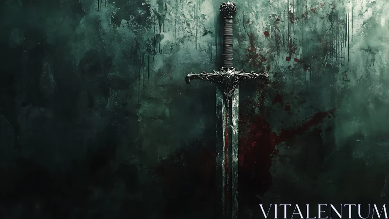 Ornate longsword stands vertical against dark grunge wall