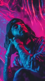 Moody neon portrait bathes a tattooed artist in electric glow