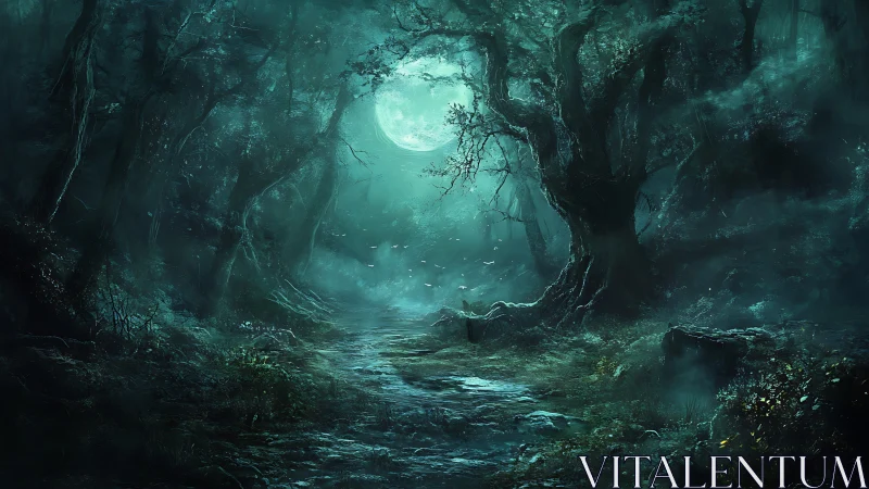 Moonlit fogbound forest path with twisted ancient trees at night