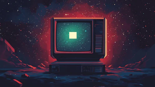 Retro monitor on alien terrain with illuminated starfield screen.
