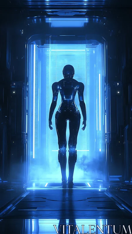 Chromed humanoid android emerging from neon blue stasis chamber.
