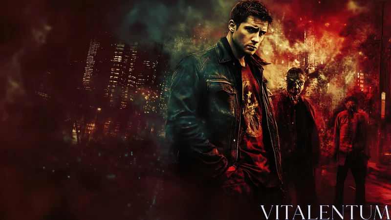 Brooding man in leather jacket against fiery cityscape.