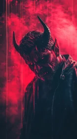 Brooding horned demon stands in crimson smoke and shadow