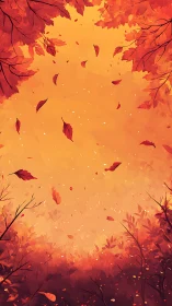 Vertical composition depicts falling leaves in orange forest