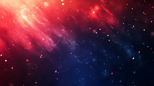 Red and blue abstract particle streaks in deep space glow.