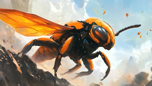 Macro-engineered wasp exosuit in aerial ascent over crags.