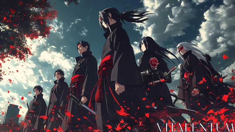 Stormbound crimson clan strides beneath restless autumn sky.