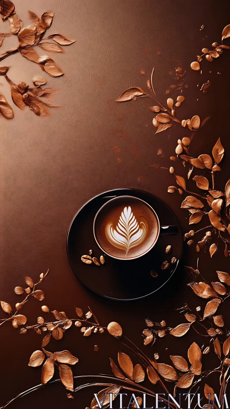 Top-down coffee cup with latte art amid embossed metallic foliage