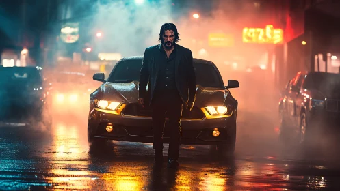 Cinematic night street portrait with neo-noir lighting design.