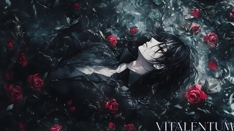 Male figure in dark water surrounded by scattered red roses.