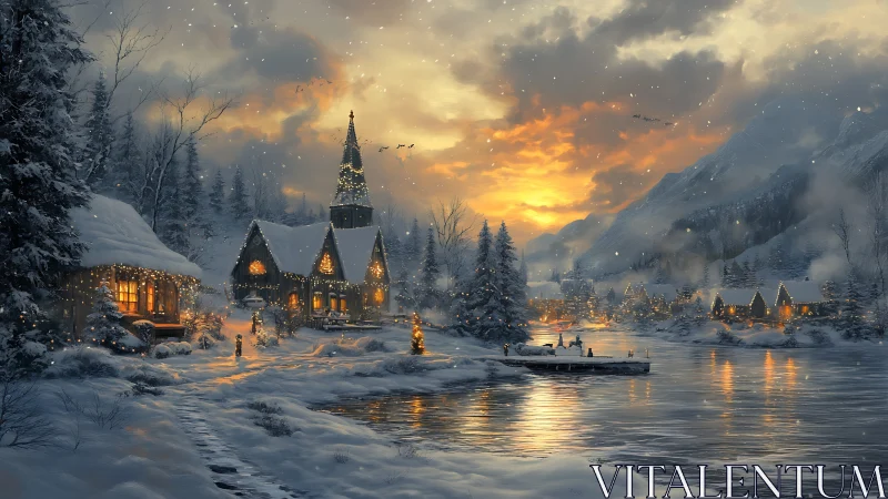 Snow-covered riverside village at sunset with lit chapel.