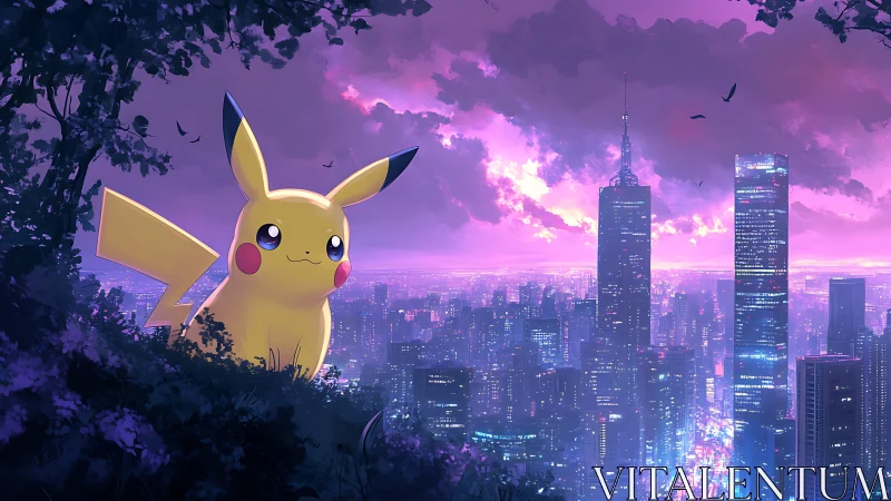 Pikachu overlooking illuminated futuristic city skyline at dusk.