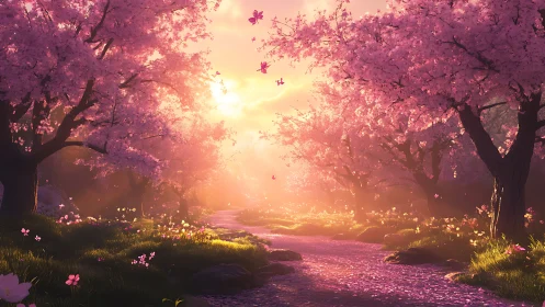 Sunlit cherry blossom river corridor renders atmospheric depth