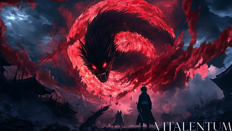 Scarlet demon vortex looms over lone warrior in ruins