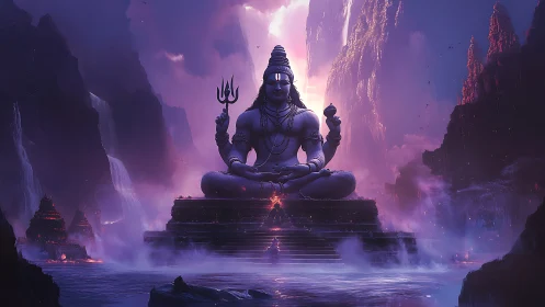 Monumental seated deity statue amid misty mountain landscape.