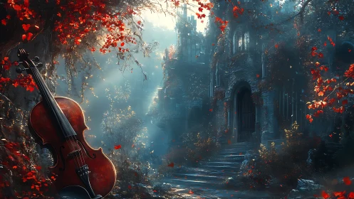 Violin rests before misty ruined castle amid red foliage
