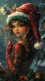 Festive girl in red Santa hat smiles in snowy night street