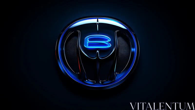 Chromed circular emblem with neon blue monogram illumination.