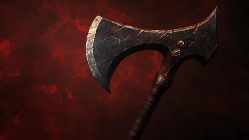 Forged battle axe poised against swirling crimson embers.