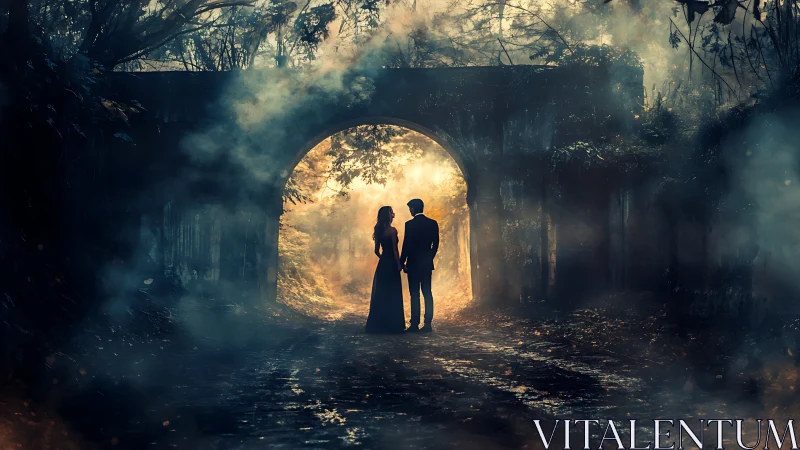 Two silhouettes walk toward golden light through an archway tunnel