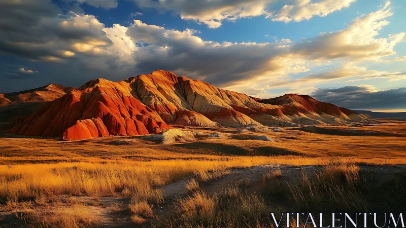 Golden sunset ignites striped desert mountains in vivid silence