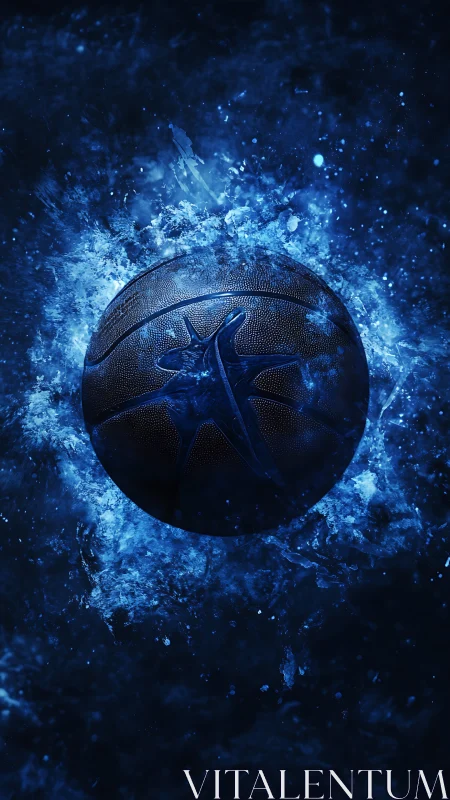 Basketball floats in blue liquid explosion with glowing splashes