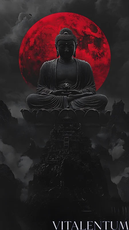 Moonlit Buddha over crimson night sky of quiet power.