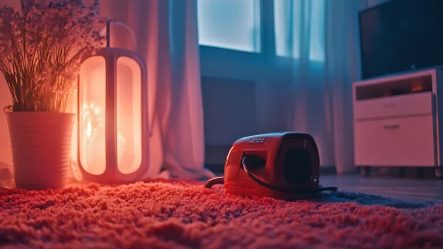 Neon Room: Red Ambient Light with Robot and Potted Plant Interior