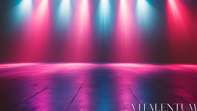 Empty stage floor sits under pink and blue theatrical spotlights