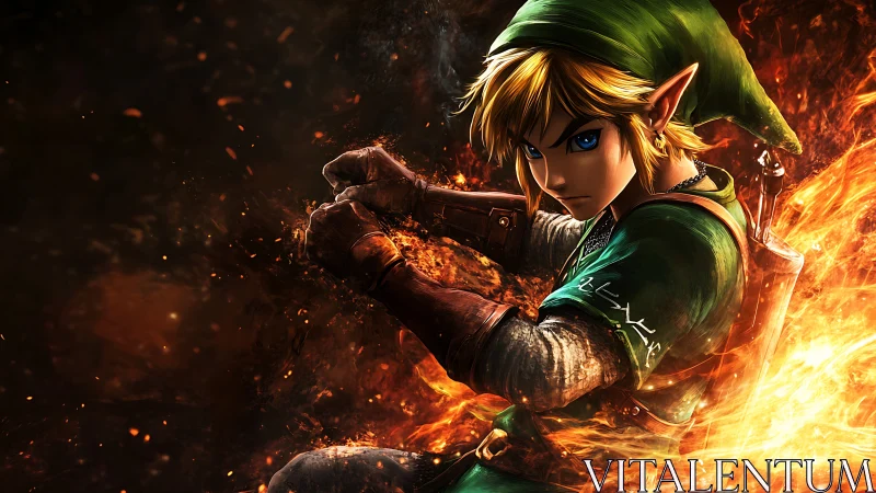 Heroic elf warrior framed in swirling firelight energy.