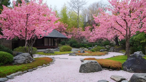 Cherry blossom garden path leading to a tranquil tea house.