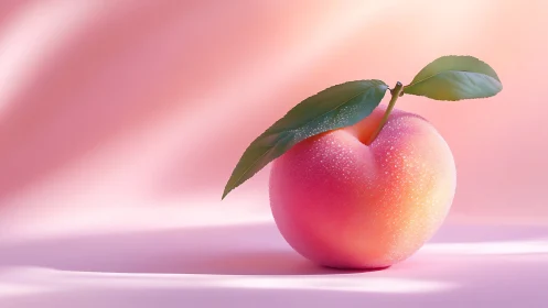 Luminous dewy peach resting on soft pink gradient surface.