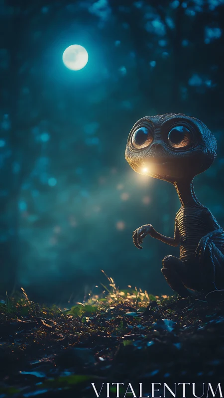 Photorealistic moonlit alien creature in forest vignette.