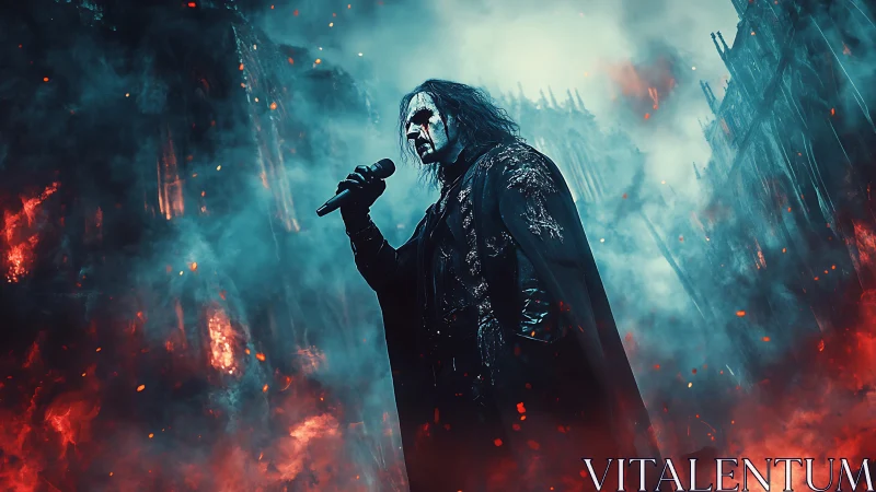 Gothic metal singer commanding flames in eerie fog.