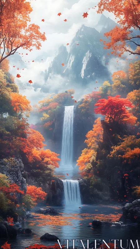Vertical landscape depicts twin waterfalls amid autumn forest