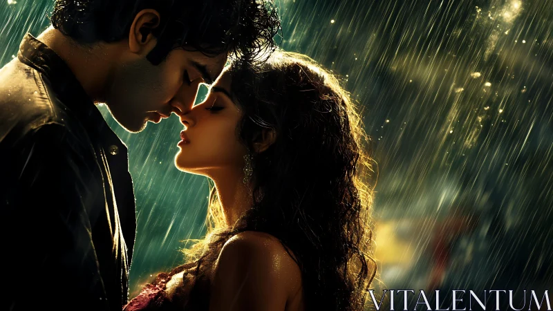 Couple in rain with atmospheric golden lighting effect.