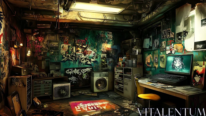 Graffiti-drenched hacker den glows in cluttered basement.