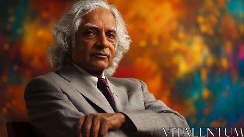 Photorealistic elder portrait against chromatic bokeh field.