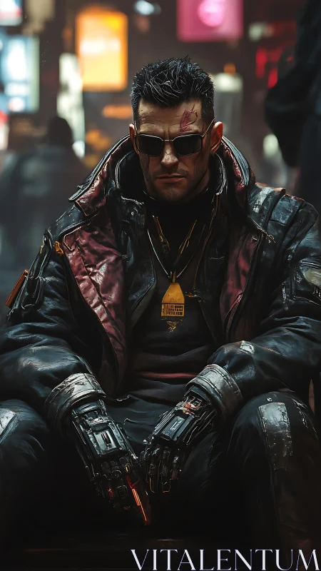Cybernetic enforcer brooding in neon-soaked megacity streets.