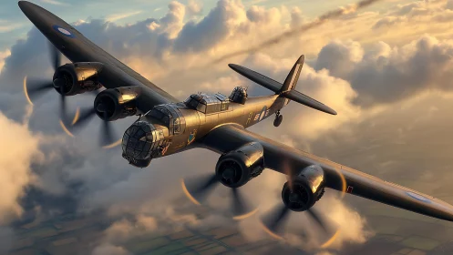 WWII bomber aircraft rendered in golden sunset clouds.