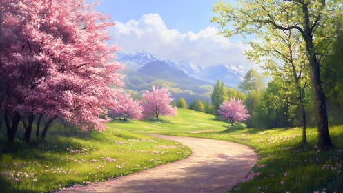 Curved country path crosses spring meadow under blossom trees