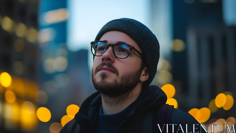 City lights cradle a thoughtful wanderer in soft golden bokeh