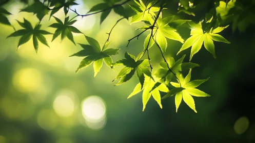 Backlit green maple leaves glow against soft forest bokeh