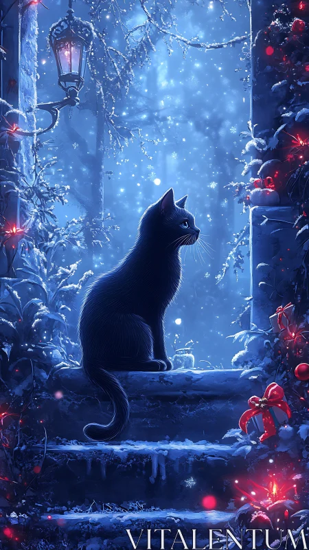 Black Cat Winter Vigil. Magical Snowy Scene.
